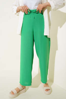 Bel Lastikli Salaş Keten Pantolon Yeşil - Thumbnail