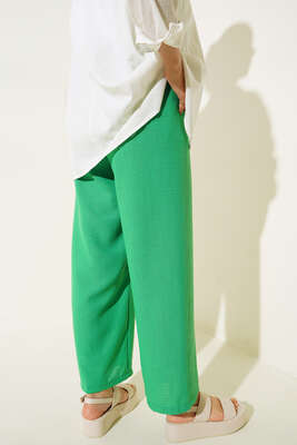 Bel Lastikli Salaş Keten Pantolon Yeşil - Thumbnail