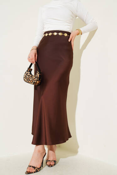 Bel Lastikli Saten Etek Acı Kahve - Etek