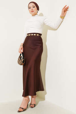 Bel Lastikli Saten Etek Acı Kahve - Uzun Etek