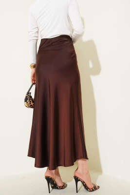 Bel Lastikli Saten Etek Acı Kahve - Uzun Etek