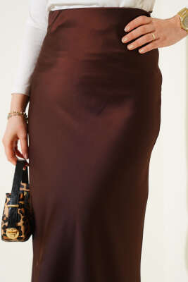 Bel Lastikli Saten Etek Acı Kahve - Uzun Etek
