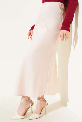 Bel Lastikli Saten Etek Bej - Uzun Etek