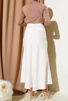Bel Lastikli Saten Etek Beyaz - Uzun Etek