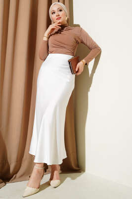 Bel Lastikli Saten Etek Beyaz - Uzun Etek