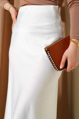 Bel Lastikli Saten Etek Beyaz - Uzun Etek