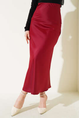 Bel Lastikli Saten Etek Bordo - Uzun Etek