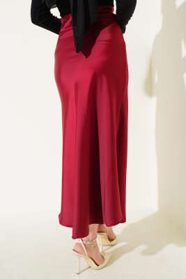 Bel Lastikli Saten Etek Bordo - Uzun Etek