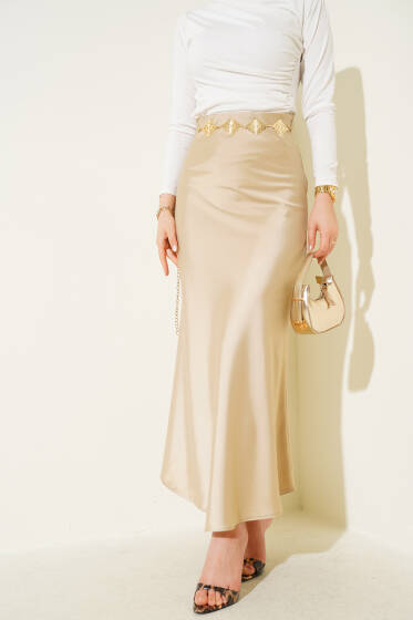 Bel Lastikli Saten Etek Camel - Etek