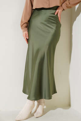 Bel Lastikli Saten Etek Haki - Uzun Etek