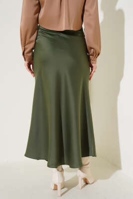 Bel Lastikli Saten Etek Haki - Uzun Etek