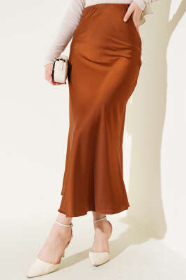 Bel Lastikli Saten Etek Kahve - Uzun Etek