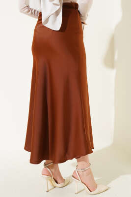 Bel Lastikli Saten Etek Kahve - Uzun Etek
