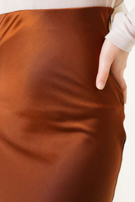 Bel Lastikli Saten Etek Kahve - Uzun Etek