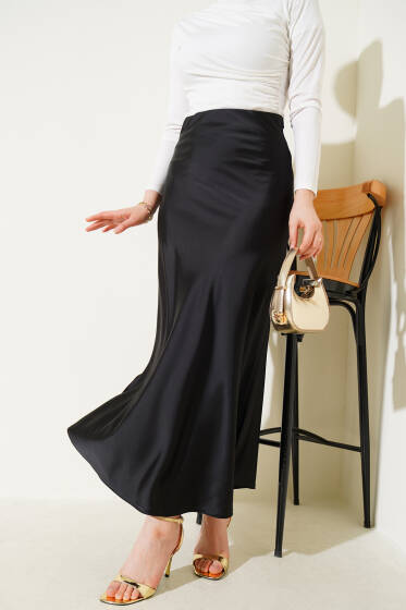 Bel Lastikli Saten Etek Siyah - Etek