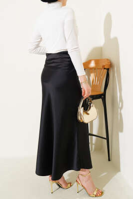 Bel Lastikli Saten Etek Siyah - Uzun Etek