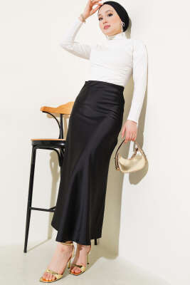 Bel Lastikli Saten Etek Siyah - Uzun Etek