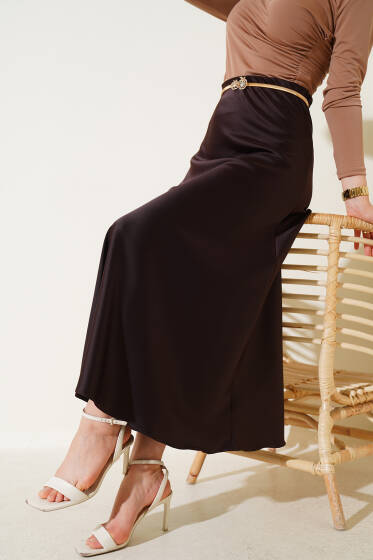 Bel Lastikli Saten Kloş Etek Acı kahve - Etek