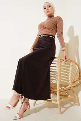 Bel Lastikli Saten Kloş Etek Acı kahve - Uzun Etek