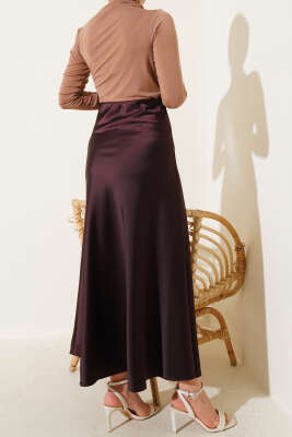 Bel Lastikli Saten Kloş Etek Acı kahve - Uzun Etek