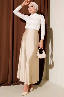 Bel Lastikli Saten Kloş Etek Bej - Uzun Etek