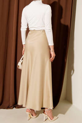 Bel Lastikli Saten Kloş Etek Bej - Uzun Etek