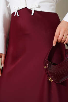 Bel Lastikli Saten Kloş Etek Bordo - Uzun Etek