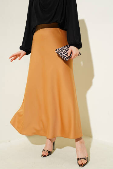 Bel Lastikli Saten Kloş Etek Camel - 500-700 TL Ürünler