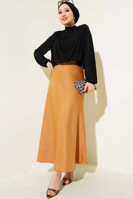 Bel Lastikli Saten Kloş Etek Camel - Uzun Etek