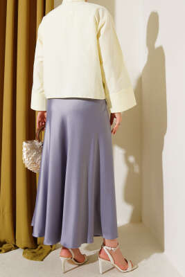 Bel Lastikli Saten Kloş Etek Kayrak Grisi - Uzun Etek
