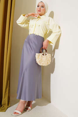 Bel Lastikli Saten Kloş Etek Kayrak Grisi - Uzun Etek