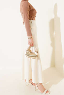 Bel Lastikli Saten Kloş Etek Krem - Uzun Etek