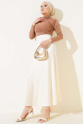 Bel Lastikli Saten Kloş Etek Krem - Uzun Etek