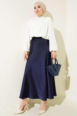 Bel Lastikli Saten Kloş Etek Lacivert - Uzun Etek
