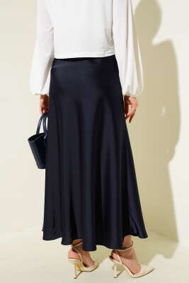 Bel Lastikli Saten Kloş Etek Lacivert - Uzun Etek