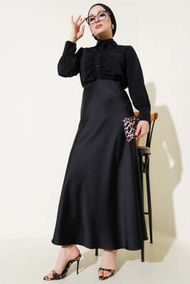 Bel Lastikli Saten Kloş Etek Siyah - Uzun Etek