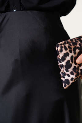 Bel Lastikli Saten Kloş Etek Siyah - Uzun Etek