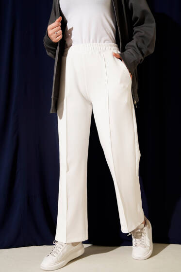 Bel Lastikli Scuba Cepli Pantolon Beyaz - Pantolon