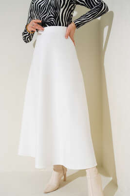 Bel Lastikli Scuba Etek Beyaz - Uzun Etek