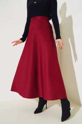 Bel Lastikli Scuba Etek Bordo - Uzun Etek
