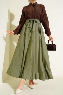 Bel Lastikli Şerit Güpürlü Etek Haki - ALİ AKKAYA