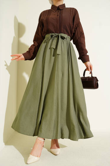 Bel Lastikli Şerit Güpürlü Etek Haki - Etek