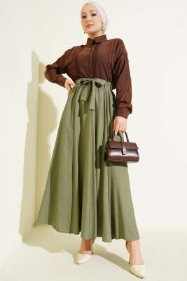 Bel Lastikli Şerit Güpürlü Etek Haki - Etek