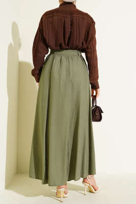 Bel Lastikli Şerit Güpürlü Etek Haki - Etek