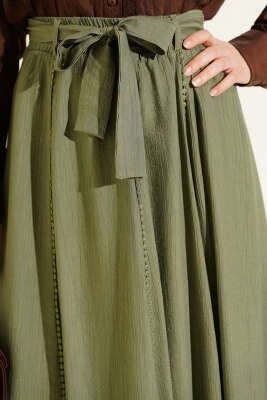 Bel Lastikli Şerit Güpürlü Etek Haki - Etek