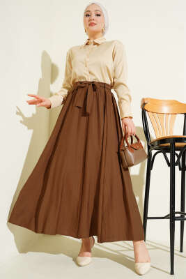 Bel Lastikli Şerit Güpürlü Etek Kahve - Etek