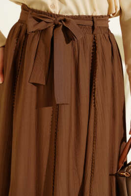 Bel Lastikli Şerit Güpürlü Etek Kahve - Etek