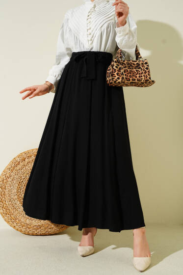 Bel Lastikli Şerit Güpürlü Etek Siyah - Etek