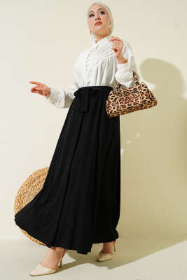 Bel Lastikli Şerit Güpürlü Etek Siyah - Etek