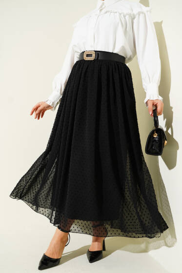 Bel Lastikli Şifon Kloş Etek Siyah - Etek